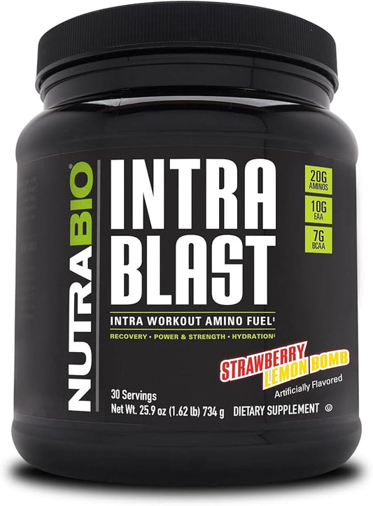 NutraBio Intra Blast BCAA EAA Electrolyte and Hydration Powder - Amino Acid Supplement, EAA/BCAA Powder - Non-GMO and Gluten Free - Strawberry Lemon Bomb - 30 Servings
