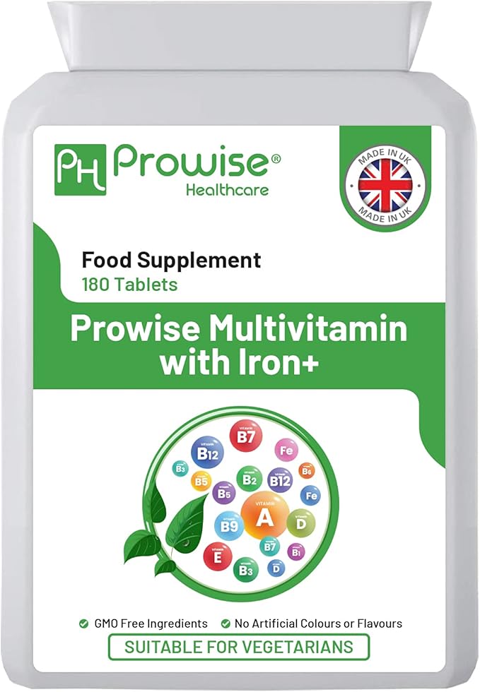 Multivitamin & Iron 180 Tablets (6 Months Dose) Immune Support - One A Day Multi-Vitamin Supplement – UK Manufactured | GMP Standards by Prowise Healthcare - Suitable for Vegetarians