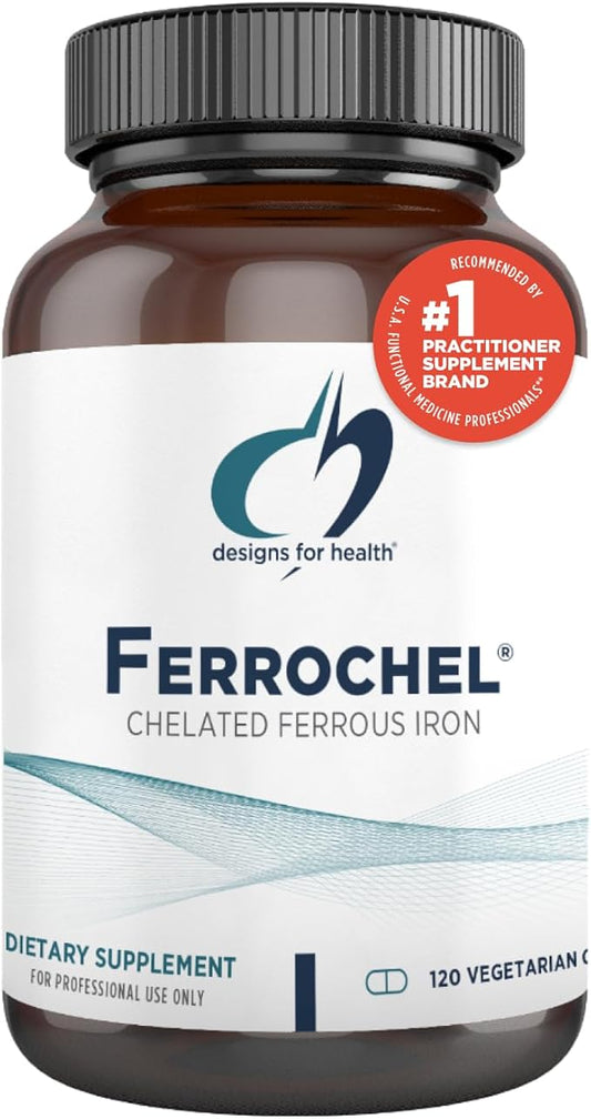 Designs for Health Ferrochel Chelated Iron - Highly-Absorbable Iron Supplement for Women & Men as Ferrous Bisglycinate Chelate - Iron Pills Safe for Pregnant Women & Teens (120 Vegan Iron Capsules)