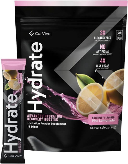 Hydrate Electrolyte Drink Mix | Pink Lemonade Flavor | NSF Certified | Electrolytes, Vitamin C, Magnesium, Zinc, Potassium | Used by Athletes & US Military | Boost Performance | 15 Packs