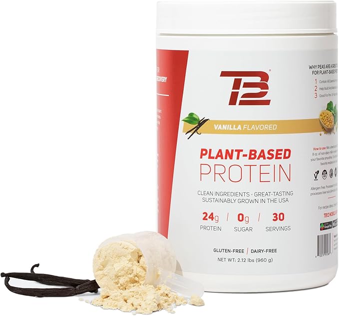 TB12 Plant Based Protein Powder by Tom Brady, 24g of Vegan Pea Protein, Low Sugar, Low Carb, Non-GMO, Meal Replacement, Keto Friendly, Paleo, Sugar Free, Vanilla Flavor (30 Servings/2.12lbs)