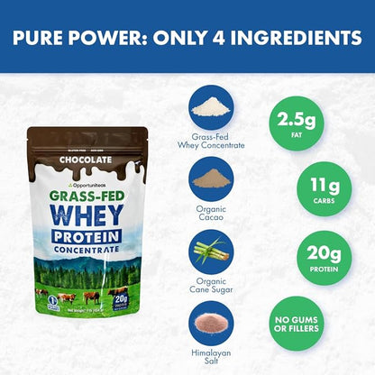Opportuniteas Grass Fed Whey Protein Powder Concentrate - Chocolate - Pure Protein Supplement - Non GMO, Hormone Free & Gluten Free - 1lb