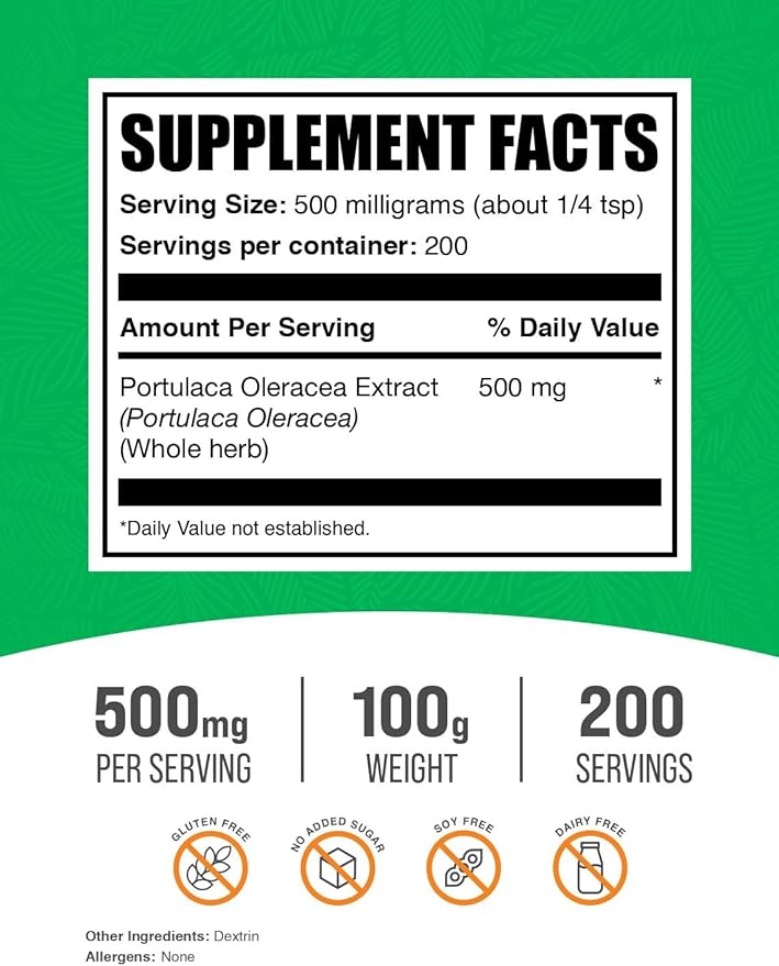 BulkSupplements.com Purslane Extract Powder - Portulaca Oleracea Extract, Purslane Supplements - from Purslane Herb, Gluten Free, 500mg per Serving, 100g (3.5 oz) (Pack of 1)