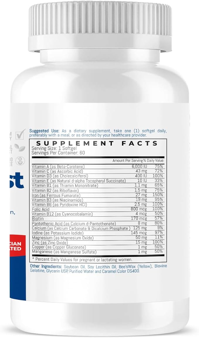 PregnaFast Prenatal Multivitamin Softgels, Supports Healthy Growth, Brain Development, Iron, Folic Acid, Vitamins C, E, (30 Day Supply-60 Count)