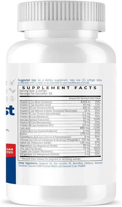 PregnaFast Prenatal Multivitamin Softgels, Supports Healthy Growth, Brain Development, Iron, Folic Acid, Vitamins C, E, (30 Day Supply-60 Count)