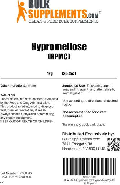 BulkSupplements.com Hypromellose Powder - Hydroxylpropyl Methylcellullose, HPMC Powder - Excipient & Thickening Agent- Vegan Alternative, 1kg (2.2 lbs) (Pack of 1)