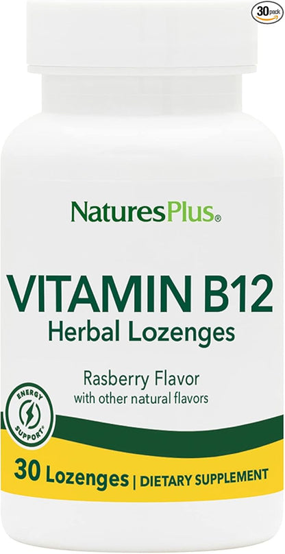 Natures Plus B12 Herbal Lozenges (Methylcobalamin) - 1000 mcg, 30 Sublingual Lozenges - Raspberry - Maximum Absorption Red Blood Cell Support - Energy Booster - Vegetarian, Gluten-Free - 30 Servings