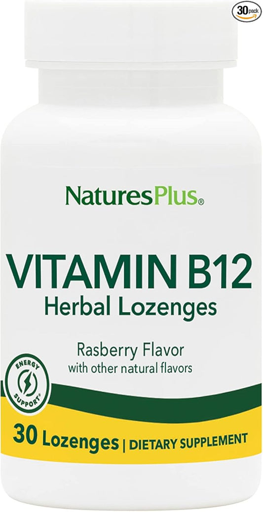 Natures Plus B12 Herbal Lozenges (Methylcobalamin) - 1000 mcg, 30 Sublingual Lozenges - Raspberry - Maximum Absorption Red Blood Cell Support - Energy Booster - Vegetarian, Gluten-Free - 30 Servings