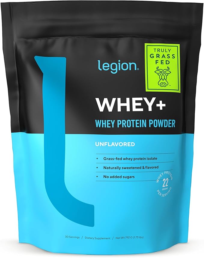 LEGION Whey+ Unflavored Whey Isolate Protein Powder from Grass Fed Cows - Low Carb, Low Calorie, Non-GMO, Lactose Free, Gluten Free, Sugar Free, All Natural Whey Protein Isolate, 30 Servings…