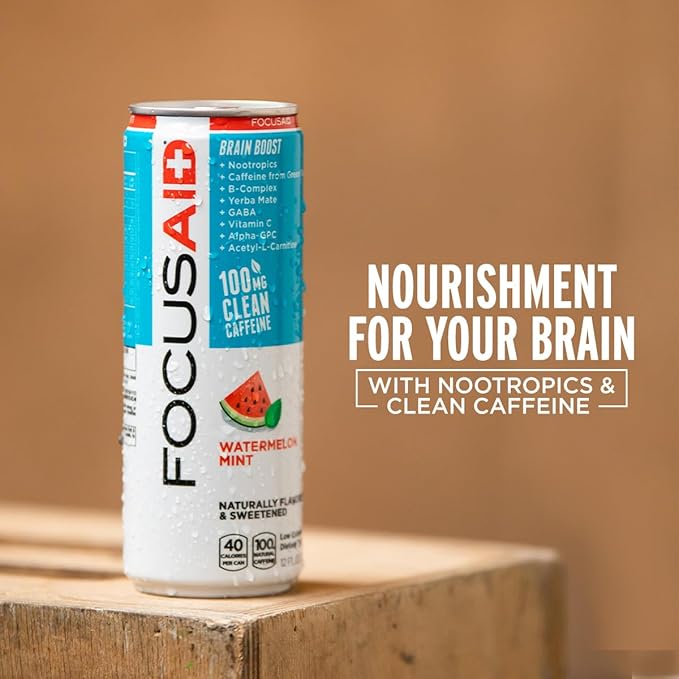 FOCUSAID Energy Drink, Brain Boost, Juicy Watermelon, Nootropics, Alpha-GPC, GABA, B-Complex, 100mg Caffeine, Yerba Mate, Green Tea, 100% Clean, No Artificial Sweeteners, 12 Oz(Pack of 12)