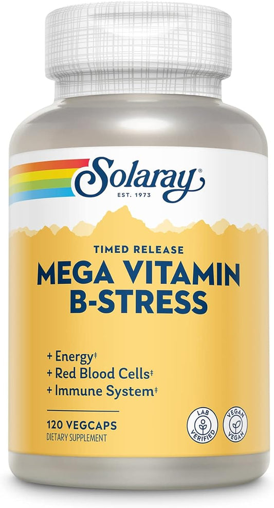 Solaray Mega Vitamin B-Stress, Timed-Release Vitamin B Complex with 1000 mg of Vitamin C for Stress, Energy, Red Blood Cell & Immune Support, 60 Day Guarantee, Vegan, 40 Servings, 120 VegCaps