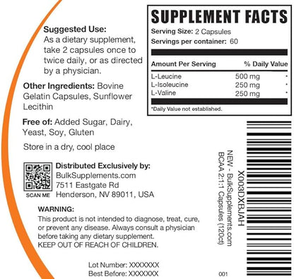 BulkSupplements.com BCAA 2:1:1 Capsules - Branched Chain Amino Acids, BCAA Supplements, BCAA Capsules - BCAA 1000mg, BCAA Pills - Gluten Free - 2 Capsules for Serving, 120 Capsules