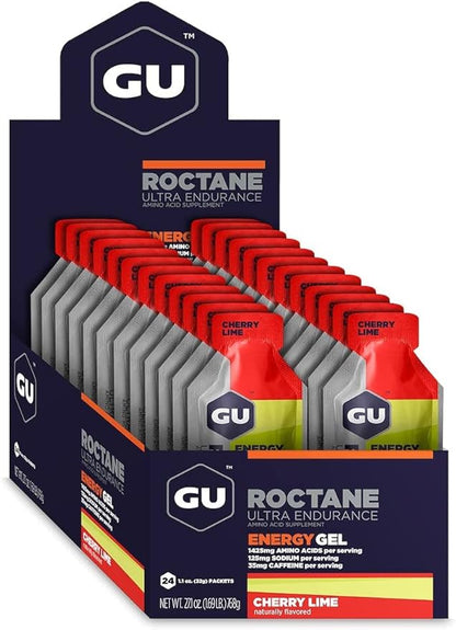 GU Energy Roctane Ultra Endurance Energy Gel, Vegan, Gluten-Free, Kosher, and Dairy-Free On-The-Go Sports Nutrition for Running, Biking, Hiking or Skiing, 24-Count, Cherry Lime