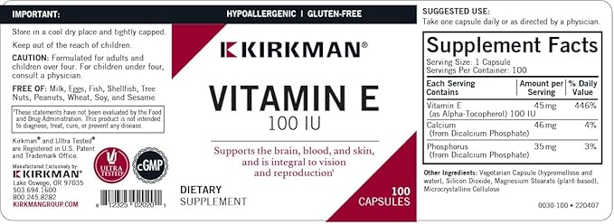 Kirkman Vitamin E 100 IU - Hypoallergenic || 100 Vegetarian Capsules || Supports Immune System || Gluten Free || Casein Free || Soy-Free