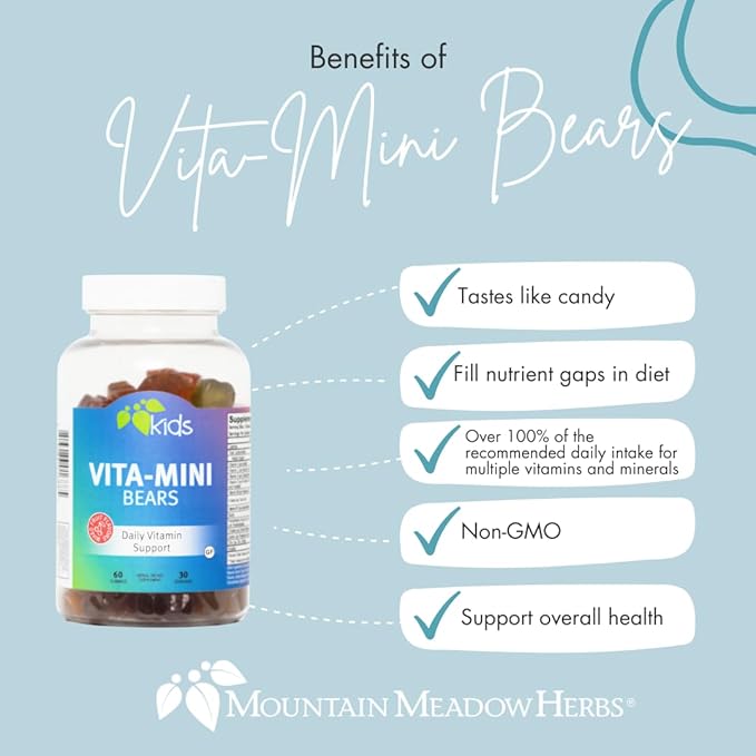 Mountain Meadow Herbs Vita-Mini Bears for Children | Multivitamin with Biotin, Folic & Pantothenic Acid, Iodin, Zinc | for Children’s Healthy Development | Fruit Gummies, 60 ct.