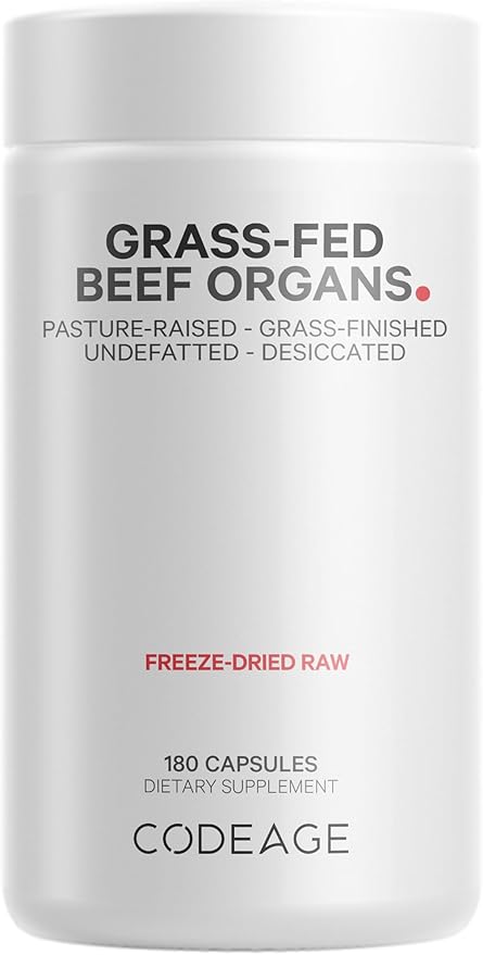 Codeage Grass Fed Beef Organs Supplement – Glandulars Supplements - Freeze Dried, Non-Defatted, Desiccated Liver, Heart, Kidney, Pancreas & Spleen Bovine Pills – Beef Vitamins - Non-GMO -180 Capsules
