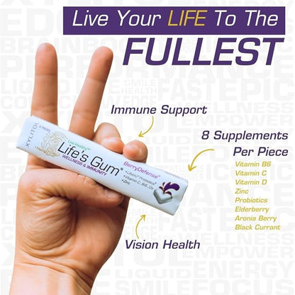 Life's Gum by Liquid Core - Wellness & Immunity Gum with Elderberry & Probitoics - Contains Vitamin C, B6, D3, & Zinc - Sugar-Free, Aspartame-Free - BerryDefense Flavor (5-Pack)