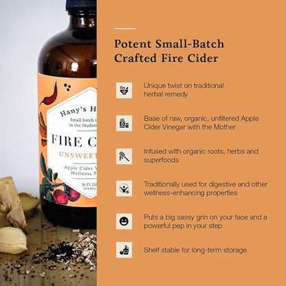 Hany's Harvest Unsweetened Fire Cider – 32 fl oz Glass Bottle | All-Natural, Small-Batch, Handcrafted, Non-GMO, Gluten-Free, Immune & Digestive Support