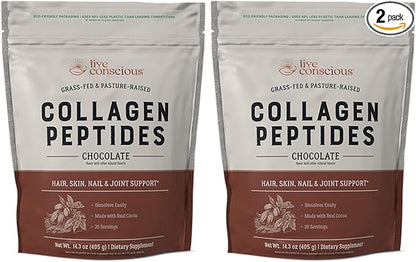 Live Conscious Collagen Peptides Powder - Chocolate Collagen Powder - Hair, Skin, Nail, and Joint Support - Type I & III Grass-Fed Collagen Supplements for Women and Men (2-Pack)