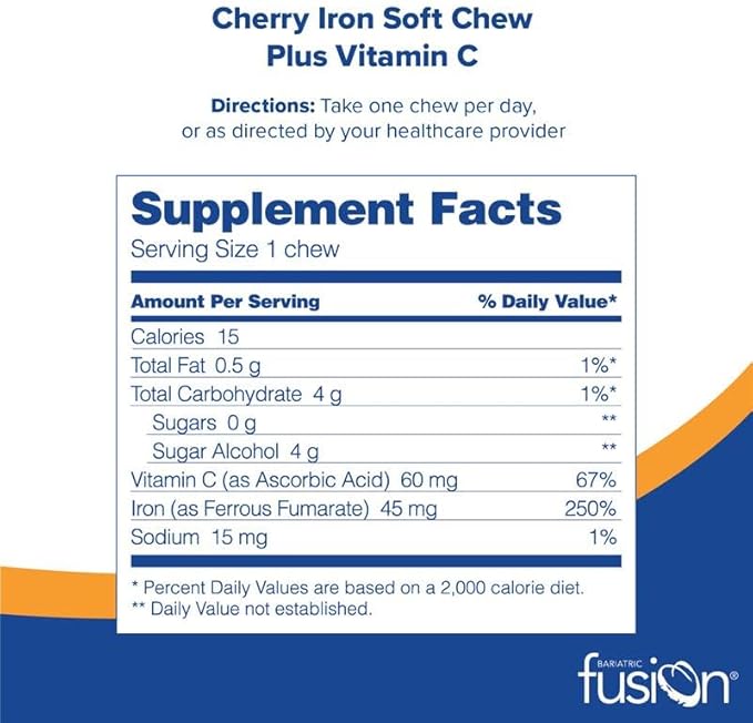 Bariatric Fusion Iron Soft Chew with Vitamin C | Cherry Flavored | Chewy Vitamin for Bariatric Patients | Gluten Free | Iron Supplement for Women and Men | 60 Count | 2 Month Supply
