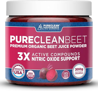 PureClean Beet Premium Beet Juice Powder - 100% Organic Nitric Oxide Support for Clinically-Proven 3X Greater Circulation, Endurance & Energy - Proudly Cold-Pressed, Eco Friendly, USA - 30 Servings