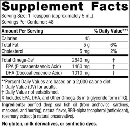Nordic Naturals Ultimate Omega Liquid, Lemon Flavor - 8 oz - 2840 mg Omega-3 - High-Potency Omega-3 Fish Oil Supplement with EPA & DHA - Promotes Brain & Heart Health - Non-GMO - 48 Servings