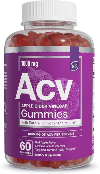 Essential Elements Apple Cider Vinegar Gummies from The Mother - Naturally-Sourced, Vegan ACV with Folic Acid and Vitamin B6 & B12 60 Count