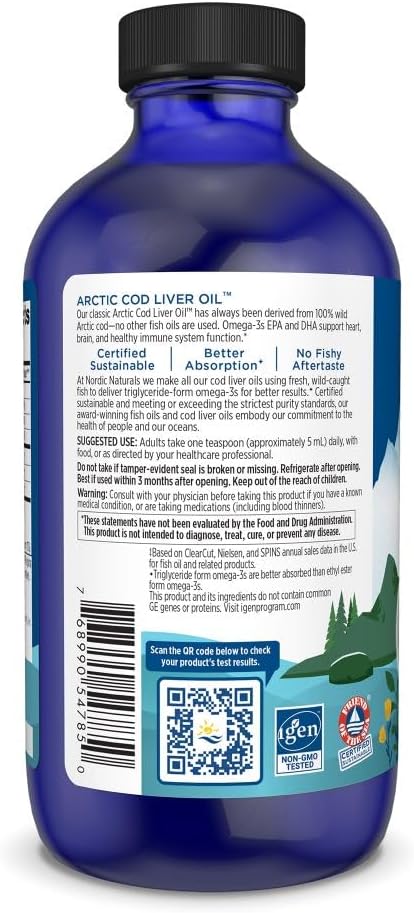 Nordic Naturals Arctic Cod Liver Oil, Orange - 8 oz - 1060 mg Total Omega-3s with EPA & DHA - Heart & Brain Health, Healthy Immunity, Overall Wellness - Non-GMO - 48 Servings