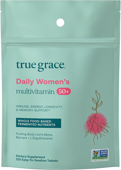 True Grace Daily Women’s Multivitamin 50+ - 120 Easy-to-Swallow Tablets - Immune, Energy, Longevity & Memory Support - Gluten Free, Soy Free, Iron Free, Vegan - 60 Servings