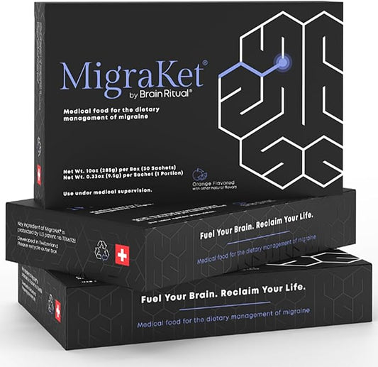 MigraKet Migraine Medical Food - Supports Brain Health and Energy Metabolism - Multivitamins Replacement - Drug-free, Gluten-Free, Dairy-Free, Vegan - Orange Flavored - 30 Sachets