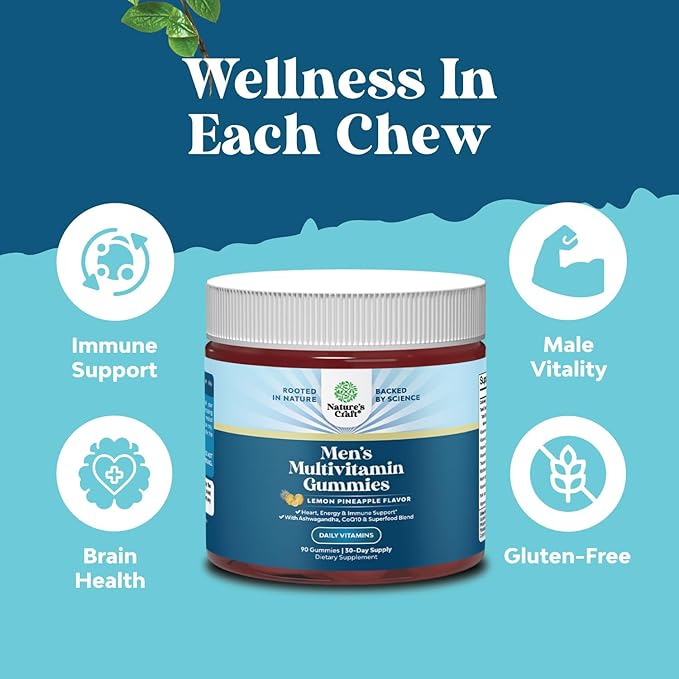 Men's Multivitamin Gummies with Superfood Complex - Daily Multivitamin for Men Gummies with CoQ10 and Ashwagandha for Energy and Immune Support - Adult Multivitamin Gummy with Essential Minerals