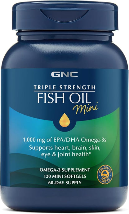 GNC Triple Strength Omega-3 Fish Oil Mini's 1000mg | Heart, Brain, Joint & Eye Support with EPA & DHA | Non-GMO Gluten Free | 120 Mini Softgels
