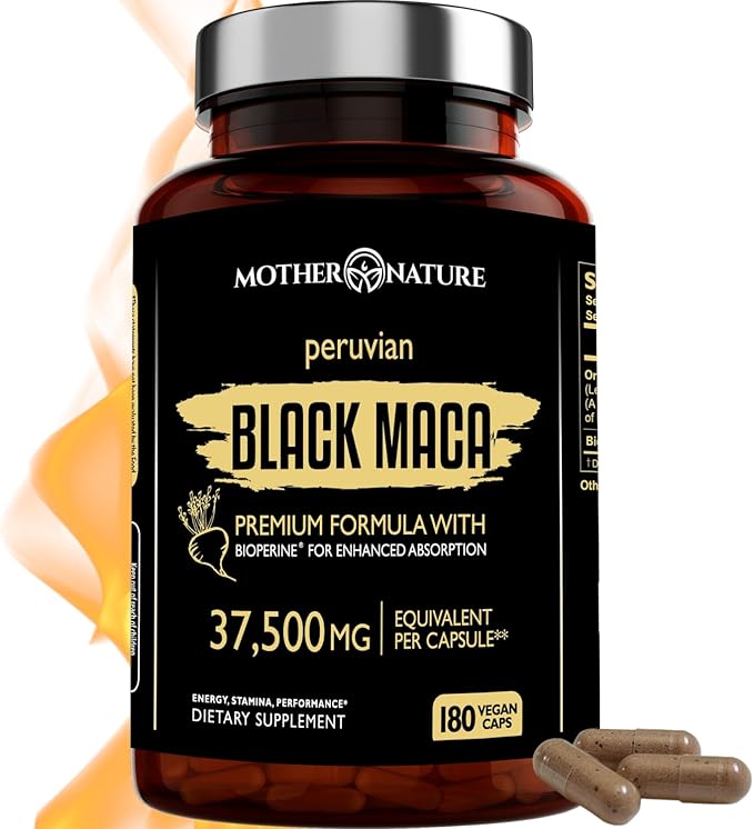 Mother Nature Black Maca Root Capsules – 50:1 37,500mg Peruvian Black Maca Root for Men, Women with Bioperine – Maca Root Capsules to Boost Stamina, Performance, Energy, Muscle Gain – 180-Count