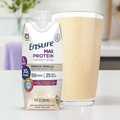 Ensure Max Protein Shake | French Vanilla | Meal Supplement Shake | Ready to Drink | 30g Protein for Muscle Building | 1g Sugar, 4g Fiber | 11 fl oz - 12 Pack