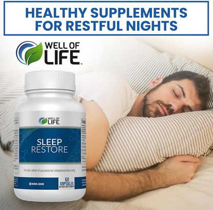 Sleep Restore - Tranquil Sleep Formula with L-Theanine, GABA, 5-HTP, Magnesium, Melatonin & More - 60 Veg Capsules for Deep, Refreshing Sleep & Overall Well-Being