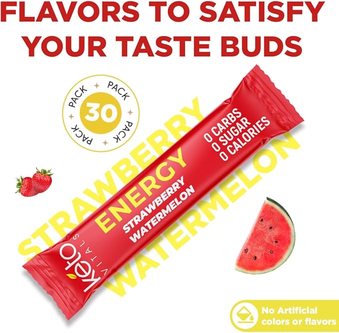 Keto Vitals Keto Electrolyte Energy Drink Powder Packets - Increases Energy - Keto Electrolyte Supplement for Energy and Rehydration - Strawberry Watermelon Keto Energy Powder Packets, 30 Count
