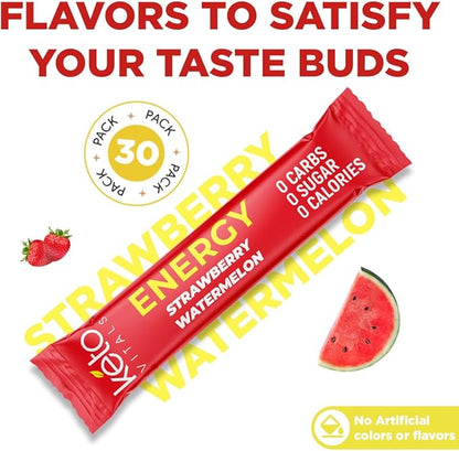 Keto Vitals Keto Electrolyte Energy Drink Powder Packets - Increases Energy - Keto Electrolyte Supplement for Energy and Rehydration - Strawberry Watermelon Keto Energy Powder Packets, 30 Count