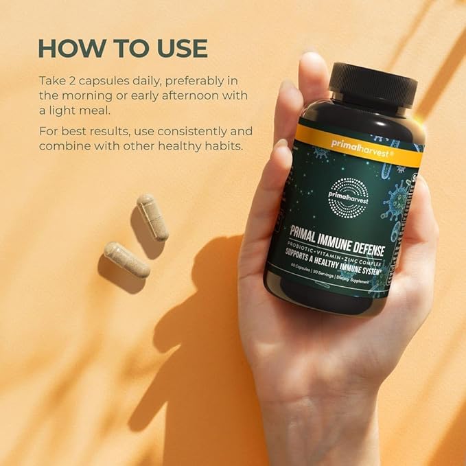 Primal Harvest Primal Immune Defense 10 in 1 Immune Support Supplement 60 Capsules Immune Vitamins, with 7 Billion CFU Pre and Probiotics, Zinc, VIT C, B6, D3, K2 - Immune Boosters for Adults