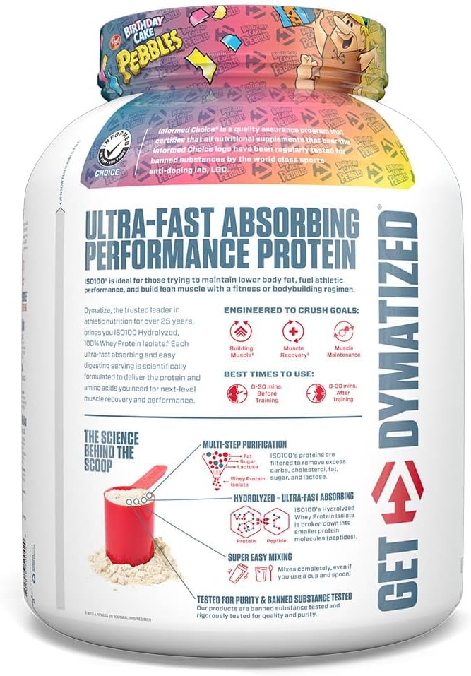 Dymatize ISO100 Hydrolyzed Protein Powder, 100% Whey Isolate Protein, 25g of Protein, 5.5g BCAAs, Gluten Free, Fast Absorbing, Easy Digesting, Birthday Cake, 5 Pound