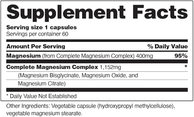Snap Supplements 3-in-1 Magnesium Complex Supplement, Magnesium Bisglycinate, Oxide, Citrate, Triple Magnesium Complex, 60 Capsules