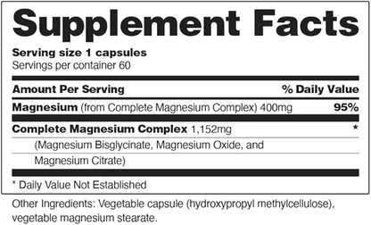 Snap Supplements 3-in-1 Magnesium Complex Supplement, Magnesium Bisglycinate, Oxide, Citrate, Triple Magnesium Complex, 60 Capsules