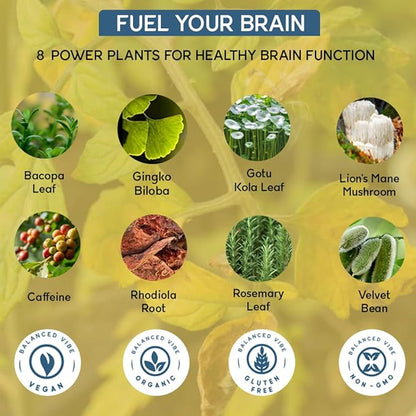 Nootropic Brain Supplement for Healthy Memory, Focus, Cognition | Balanced Fusion of Organic Lion’s Mane and 7 Power Plants | Neuro Protective Formula | Brain Boost | Adaptogens | Non-GMO. 90 caps.
