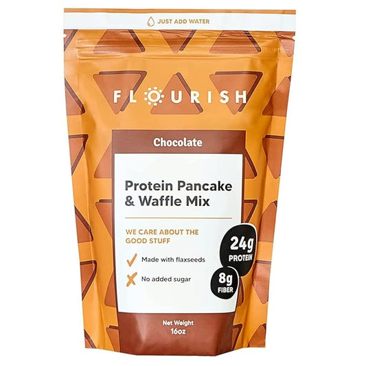 Flourish - Protein Pancake & Waffle Mix, Whey Protein Isolate & Flax Seed, Non-GMO, No Added Sugar, Superfood, High Protein & Fiber, Just Add Water - Chocolate, 16oz