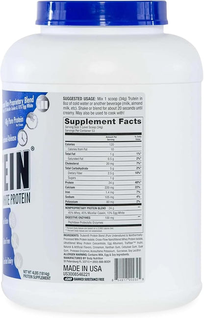 Body Nutrition Trutein High Protein Powder: 45% Whey, 45% Casein, 10% Egg White, Gluten-Free, Low Sodium, Grass Fed Whey Protein Powder, Gym Supplement & Breakfast Shake, Cinnabun, 4lb
