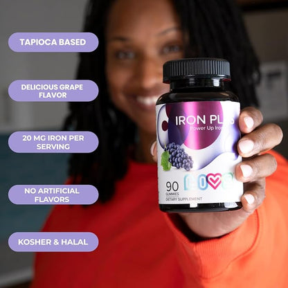 LIVS Iron Plus Gummy Vitamin | Iron with Vitamin C | Made in USA | Iron Gummies for Adults & Kids | All-Natural, Gluten-Free, Non-GMO & Vegan Iron Supplement Gummies | Grape Flavored, 90 Count