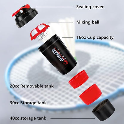 XTK Shaker Bottle 16OZ Protein Shaker Bottles with Mix Ball Sports Water Bottle Leak Proof GYM Cup for Protein Mixes with Powder Storage & Pill Organizer, Ideal for Pre Workout,BPA Free(red)