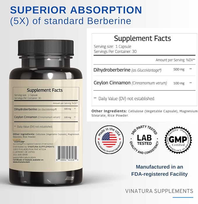Dihydroberberine Supplement 500mg with Ceylon Cinnamon - (Patented GlucoVantage Super Berberine), Maybe Berberine 5X More absorbable - 30 Capsules