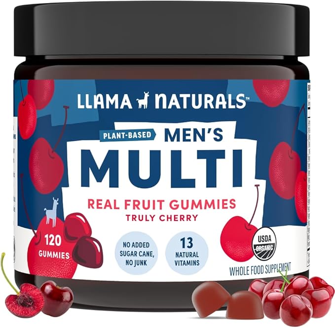Llama Naturals Real Fruit Gummy Vitamins for Men | No Added Sugar Cane | Whole Food Multivitamin Gummies | Vegan, Organic, Chewable | 120 ct | 30 Day Supply | Cherry
