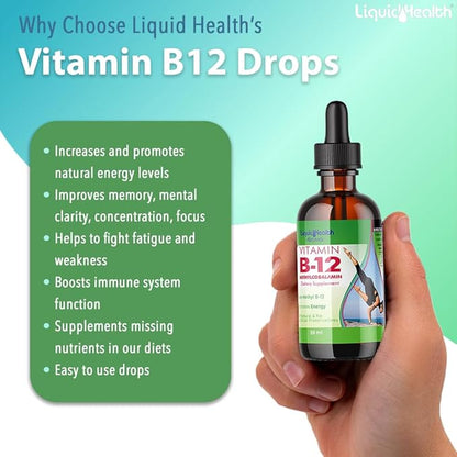 LIQUIDHEALTH Vitamin B12 Methylcobalamin Liquid Drops with Sublingual Hydroxocobalamin - Boost Energy, Support Immune System, Improve Memory & Concentration - Vegan, Sugar Free, Non-GMO (3pack)