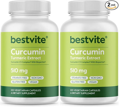 BESTVITE Curcumin 510mg (Turmeric)(240 Vegetarian Capsules) (120 x 2) with Curcumin C3 Complex & Bioperine - Standardized to 95% Curcuminoids - No Stearates - Vegan - Non GMO - Gluten Free